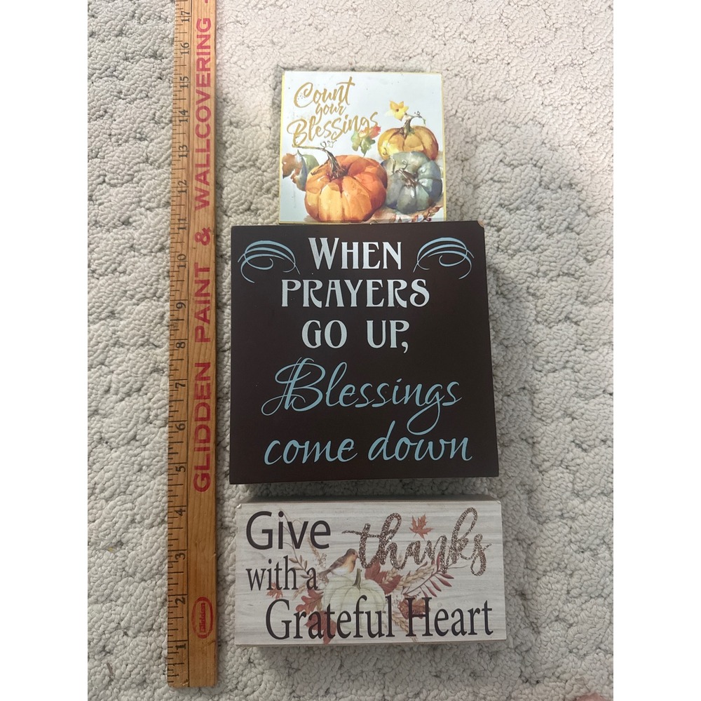 Set -3 Inspirational Fall Wood Box Signs Count Your Blessings Give Thanks Decor